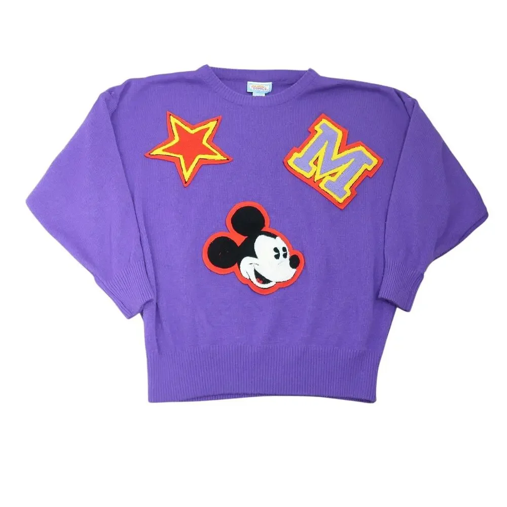 Vintage 80s Sunday Comics purple Mickey Mouse patch sweater L